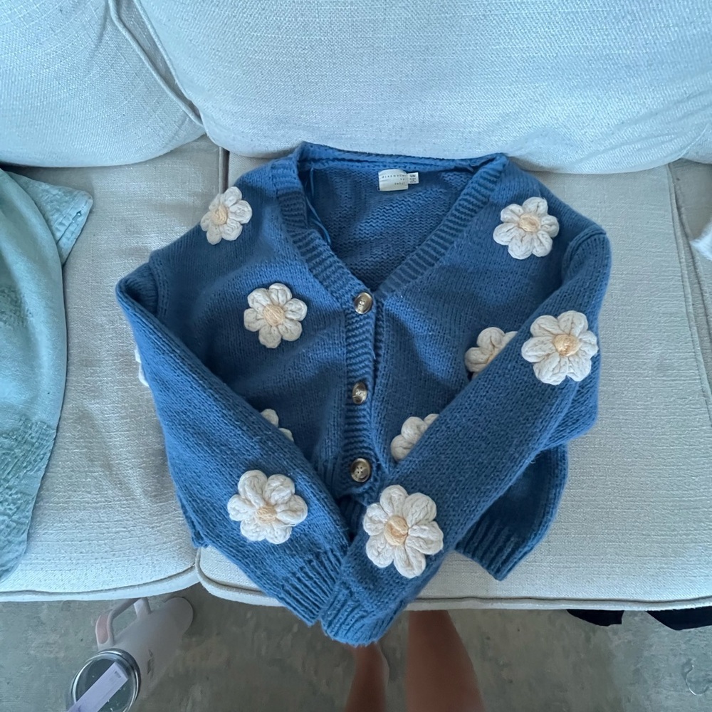 Simons Blue Cardigan Sweater with Cream Daisy Appliqués